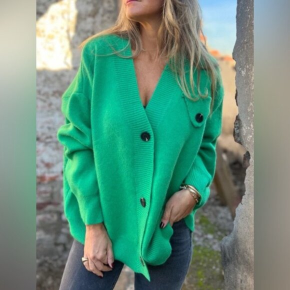 V-Neck Button-Up Oversized Sweater Cardigan - Picture 1 of 4